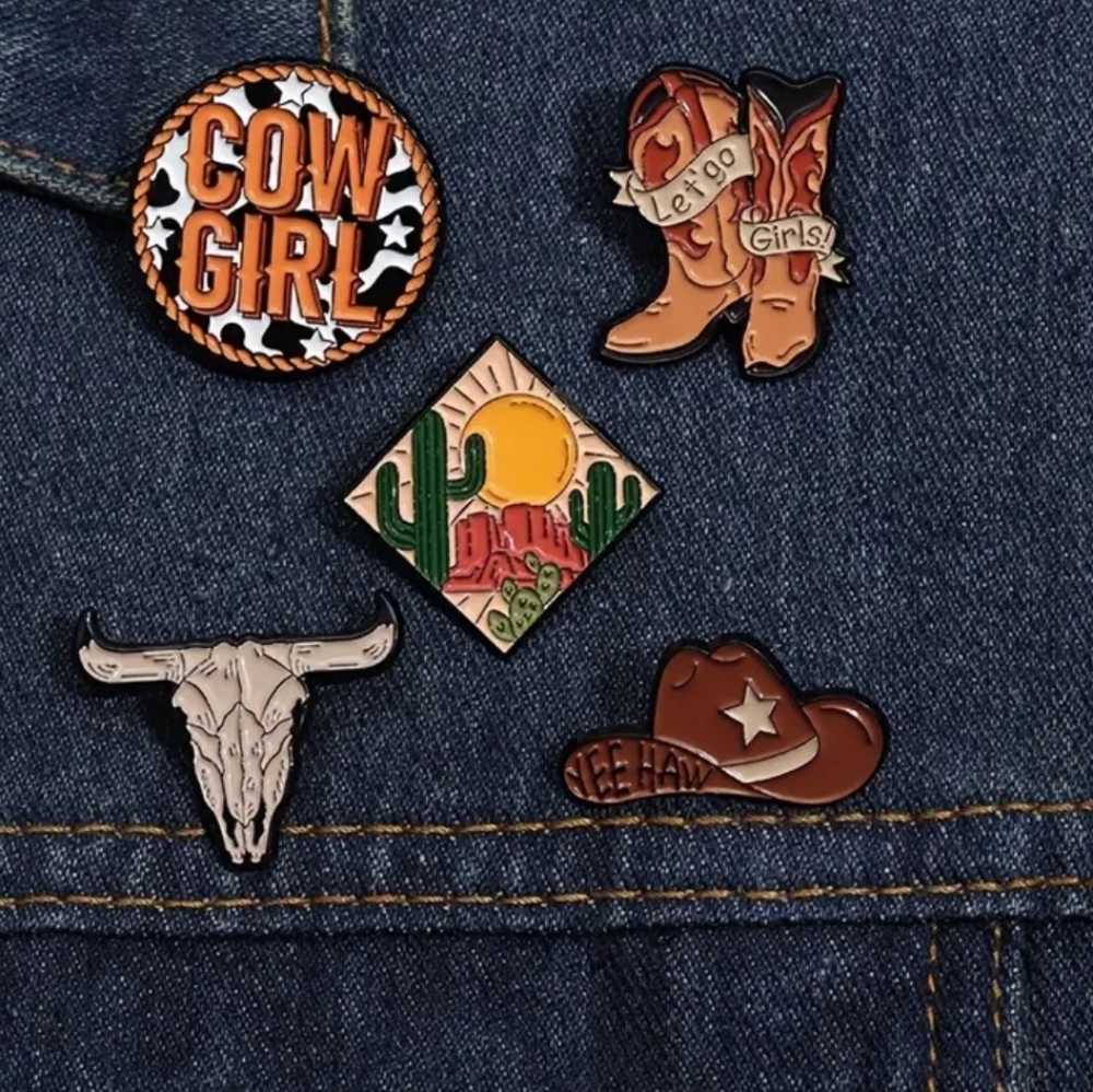 5pcs Western Denim Metal Badges, Backpack Hat Purse Decorative Pins - Picture 1 of 9